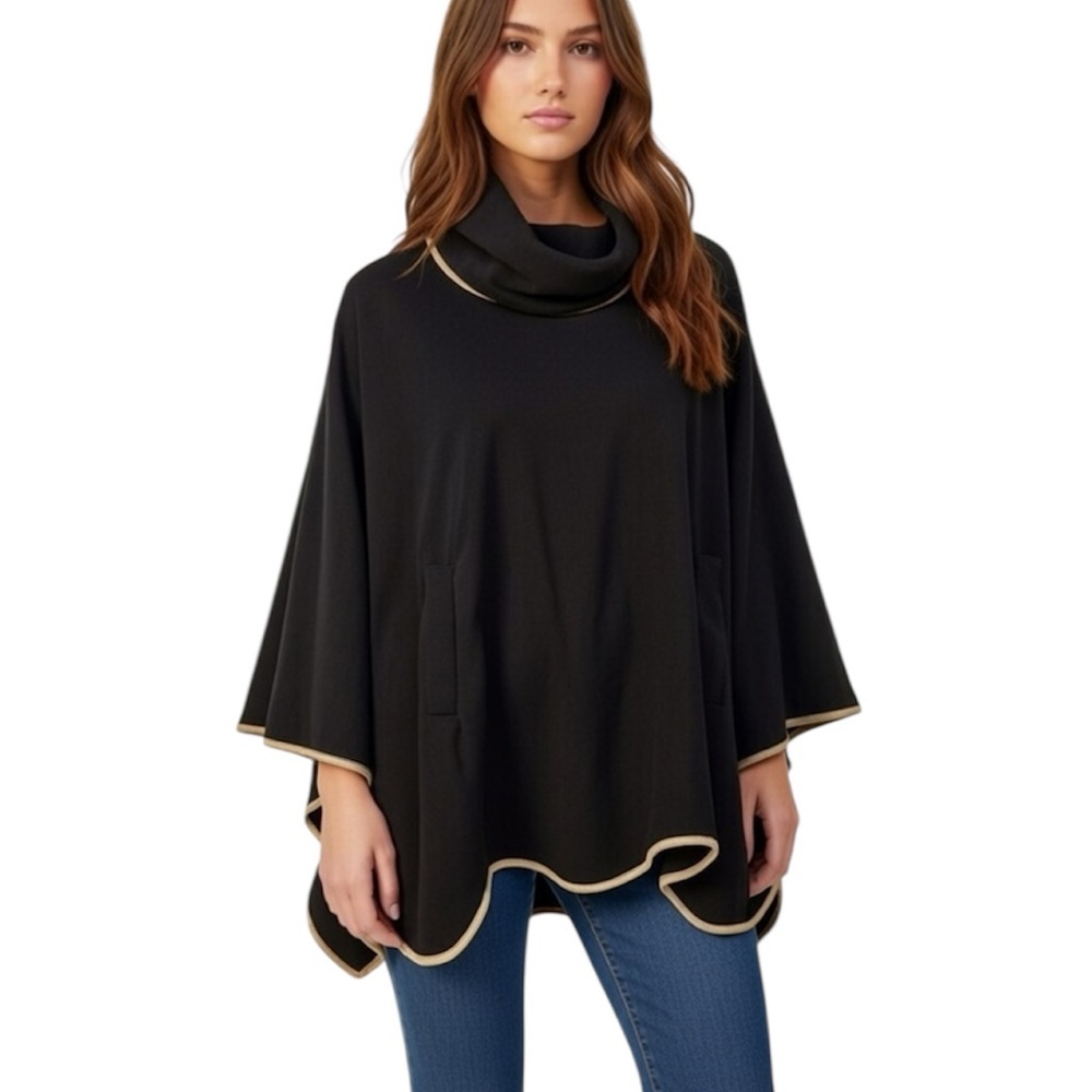 ARSENO Fleece Cowl Neck Black Poncho